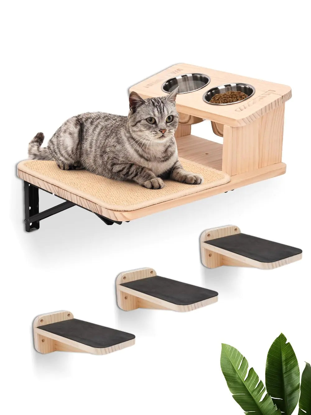 Cat Shelves with 3 Cimbing Wall Steps & Cat Feeding Bowls